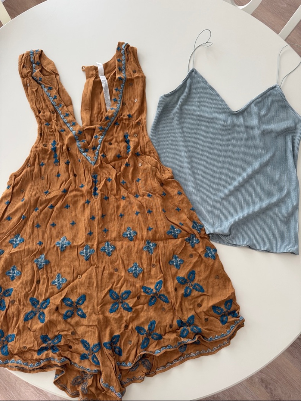 Free People Embroidered Brown Romper w/ Blue Floral Accents and Free People Tank